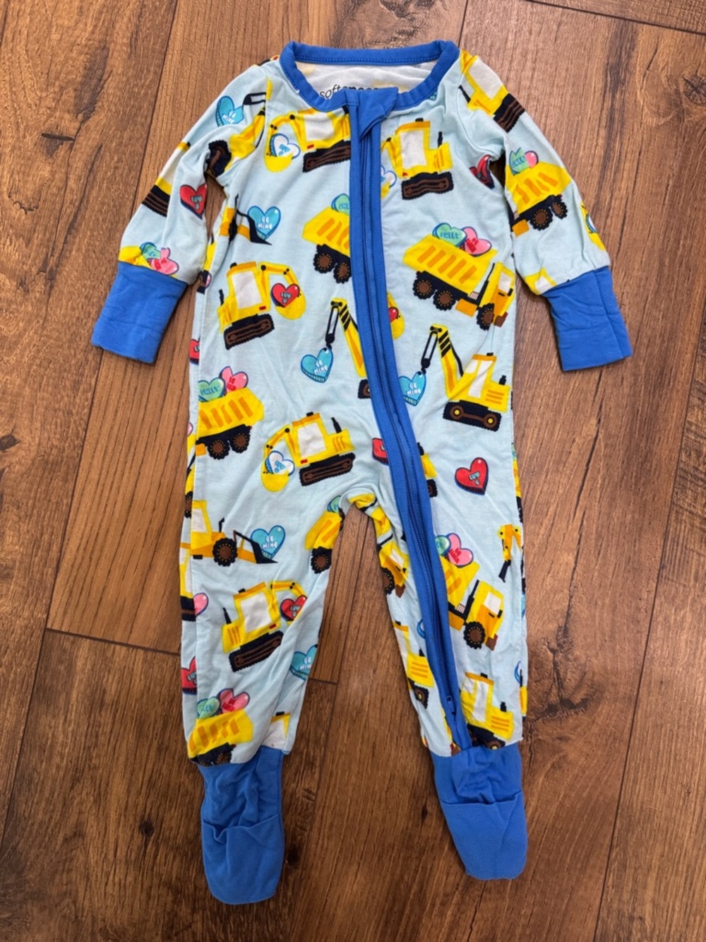 Ruffle Butts Light Blue Footed One-Piece with Yellow Dump Truck Print